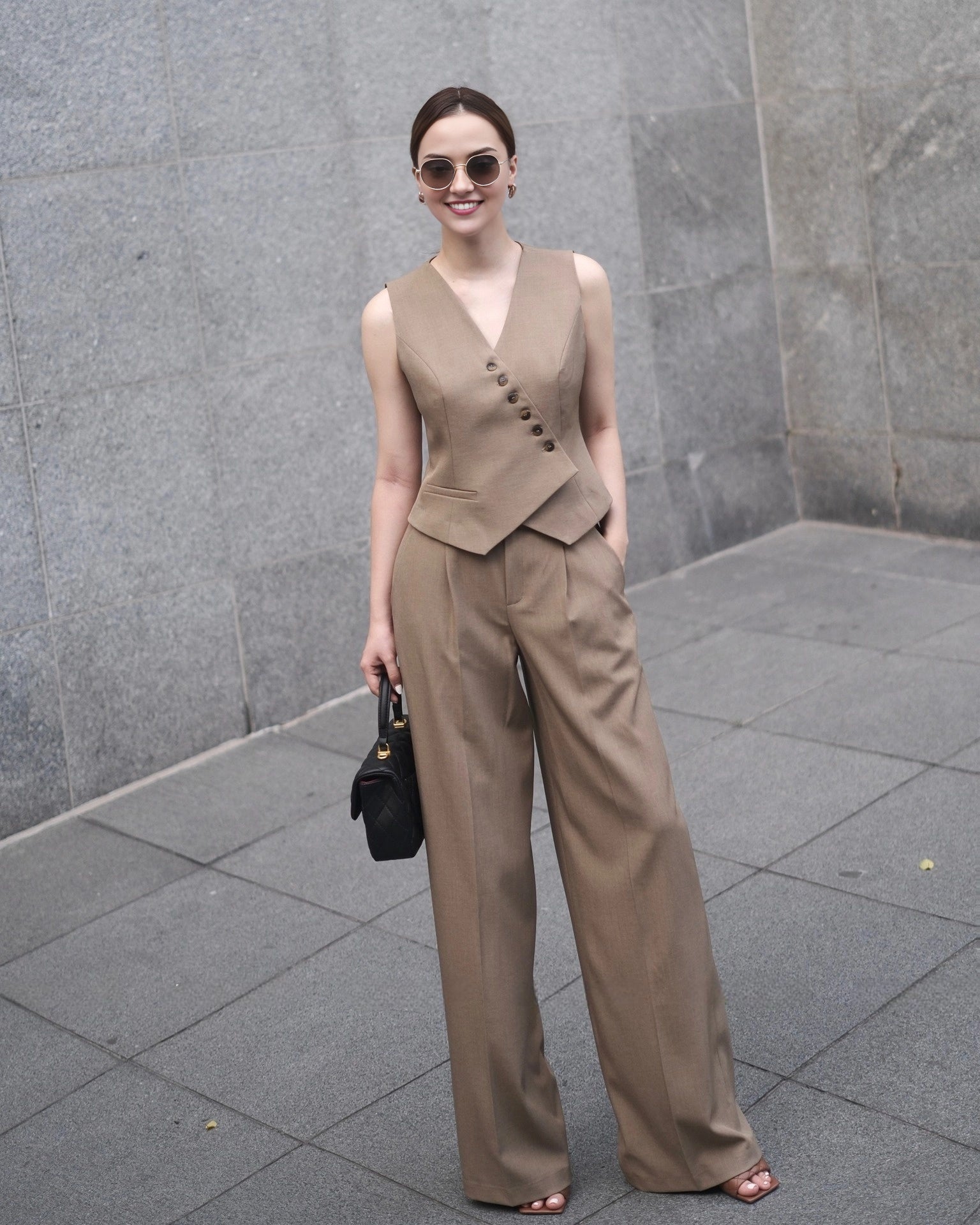 Beige co-ord set with a single-breasted blazer and flared pants.