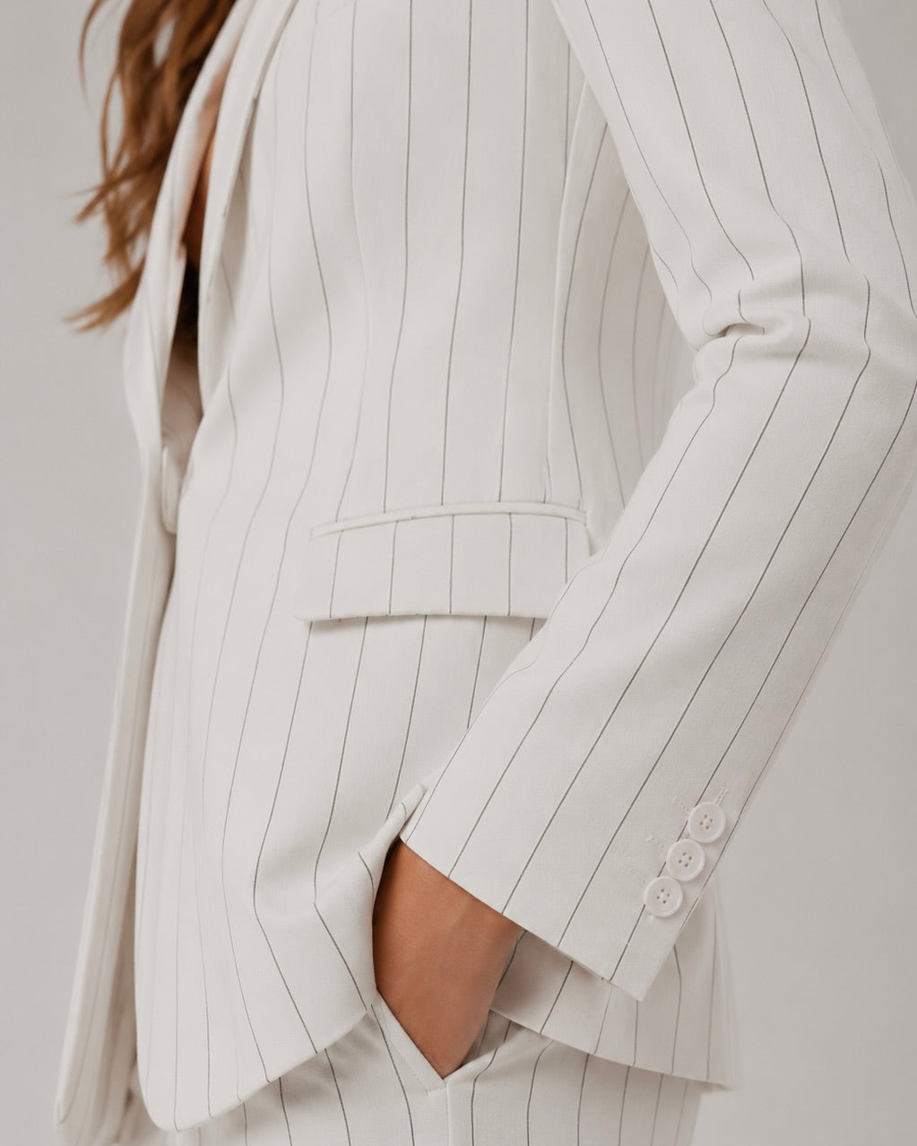 White Pinstripe Single-Breasted Blazer Suit Set Beyond Formals