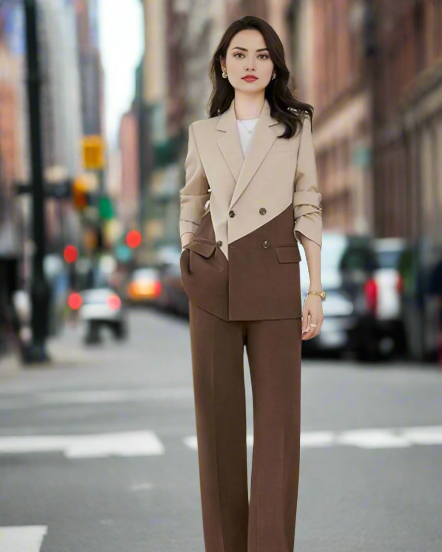 Women's dual tone brown blazer suit set with a modern tailored fit.