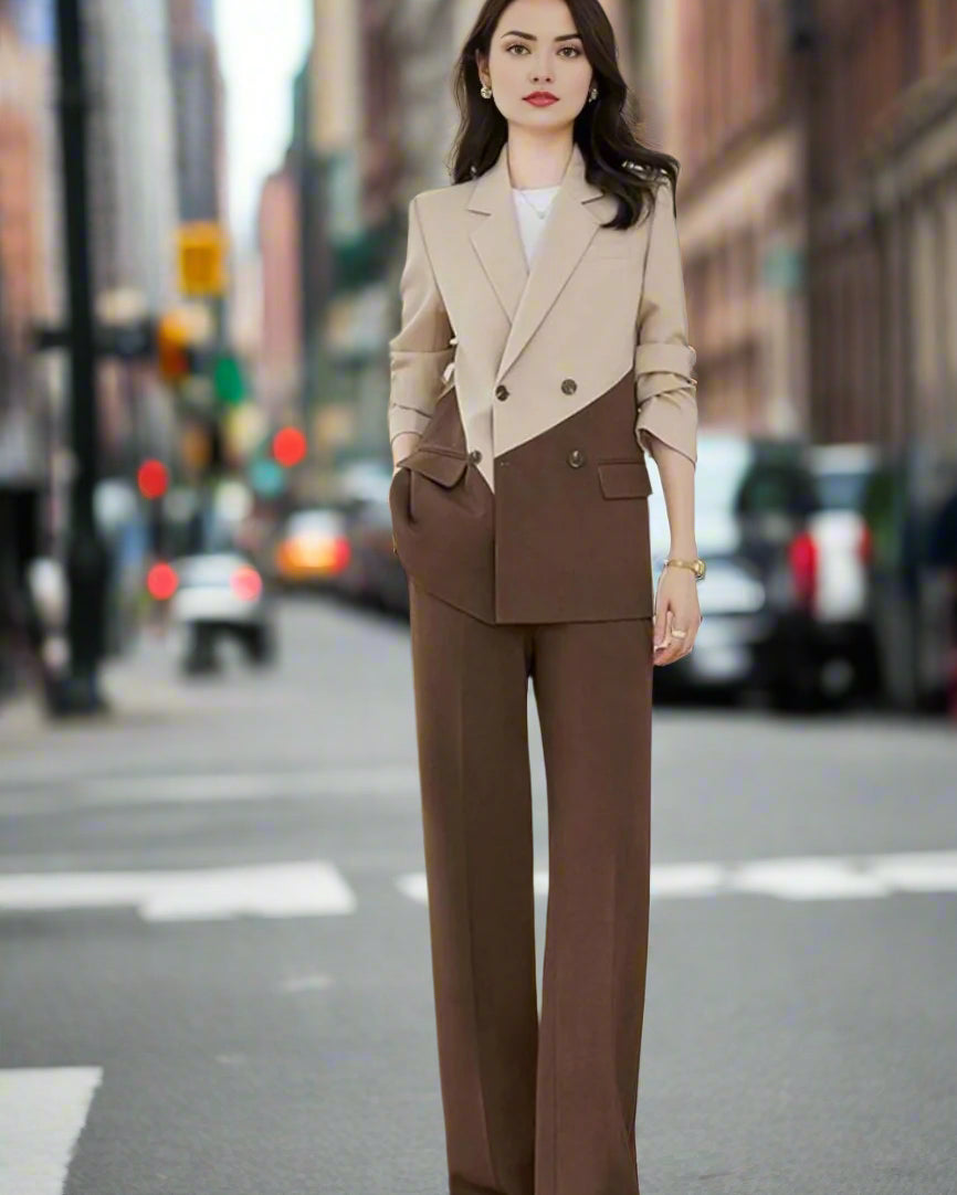 Women's dual tone brown blazer suit set with a modern tailored fit.