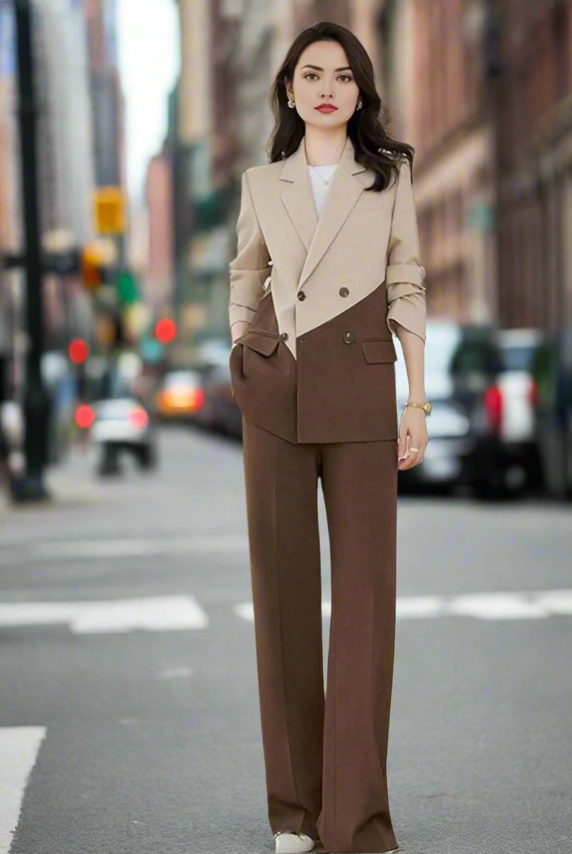 Women's dual tone brown blazer suit set with a modern tailored fit.