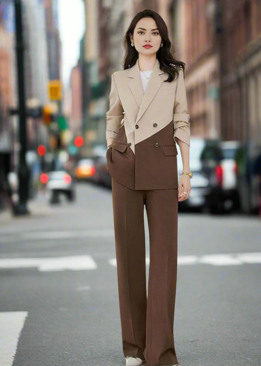 Women's dual tone brown blazer suit set with a modern tailored fit.