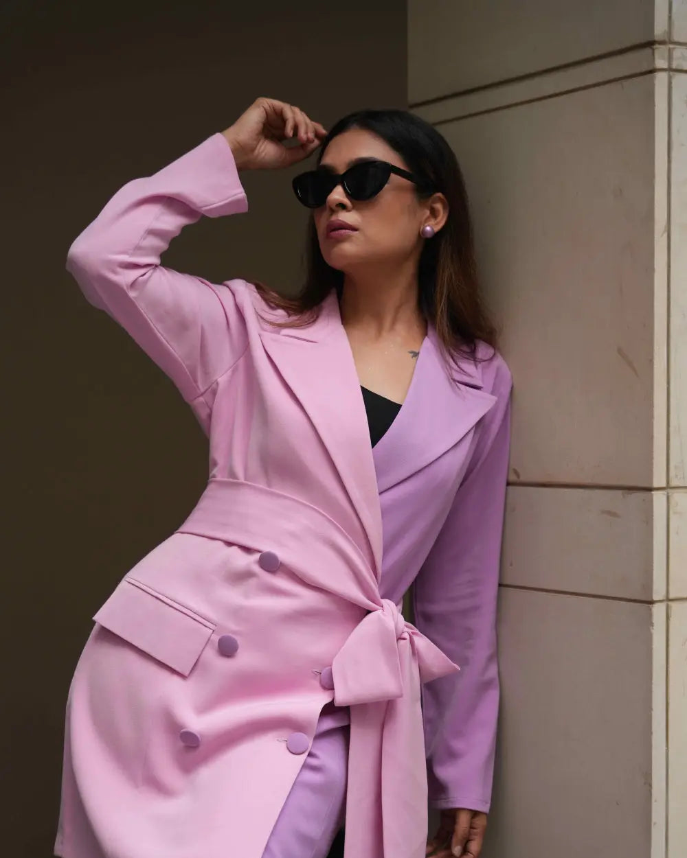 Women's dual tone blush blazer suit set with a modern tailored fit.