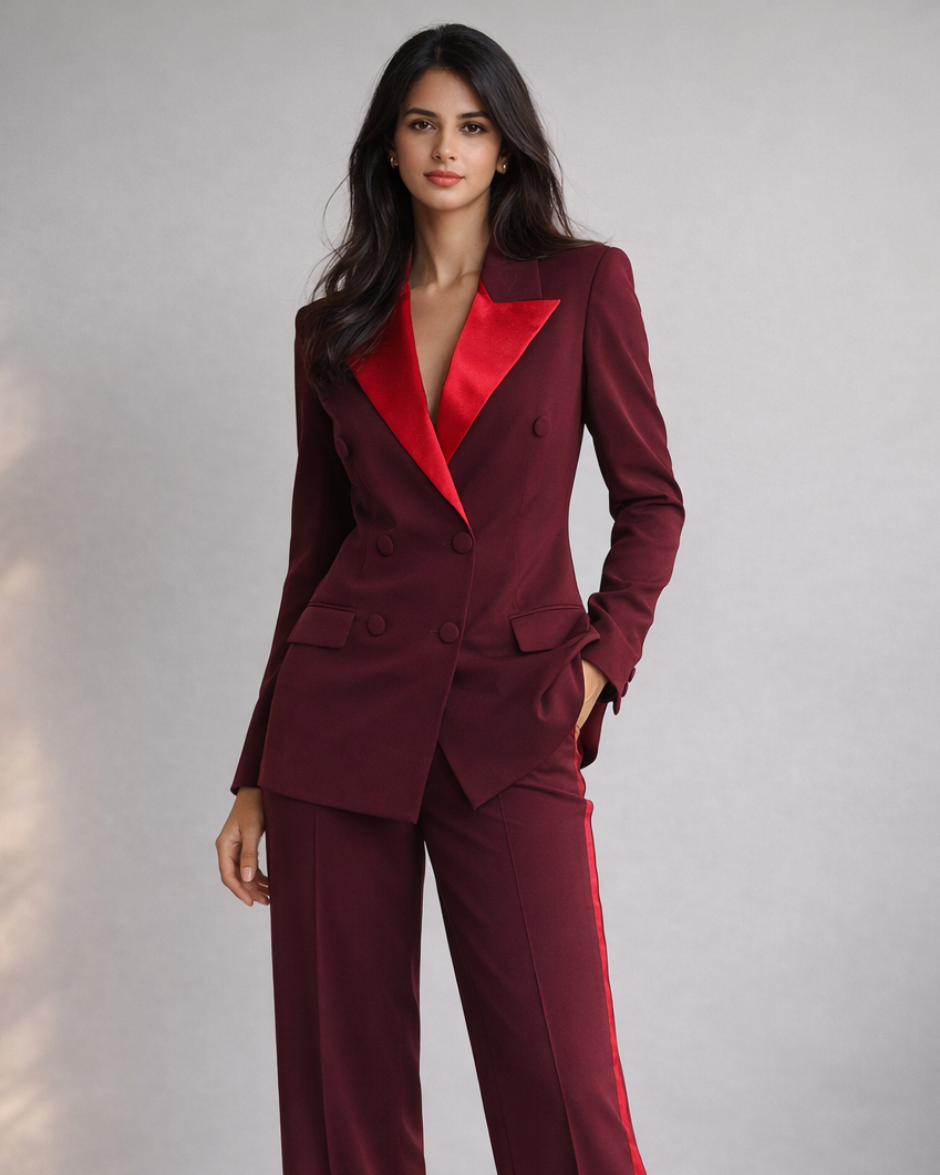 Woman wearing a burgundy suit with red lapels on a gray background