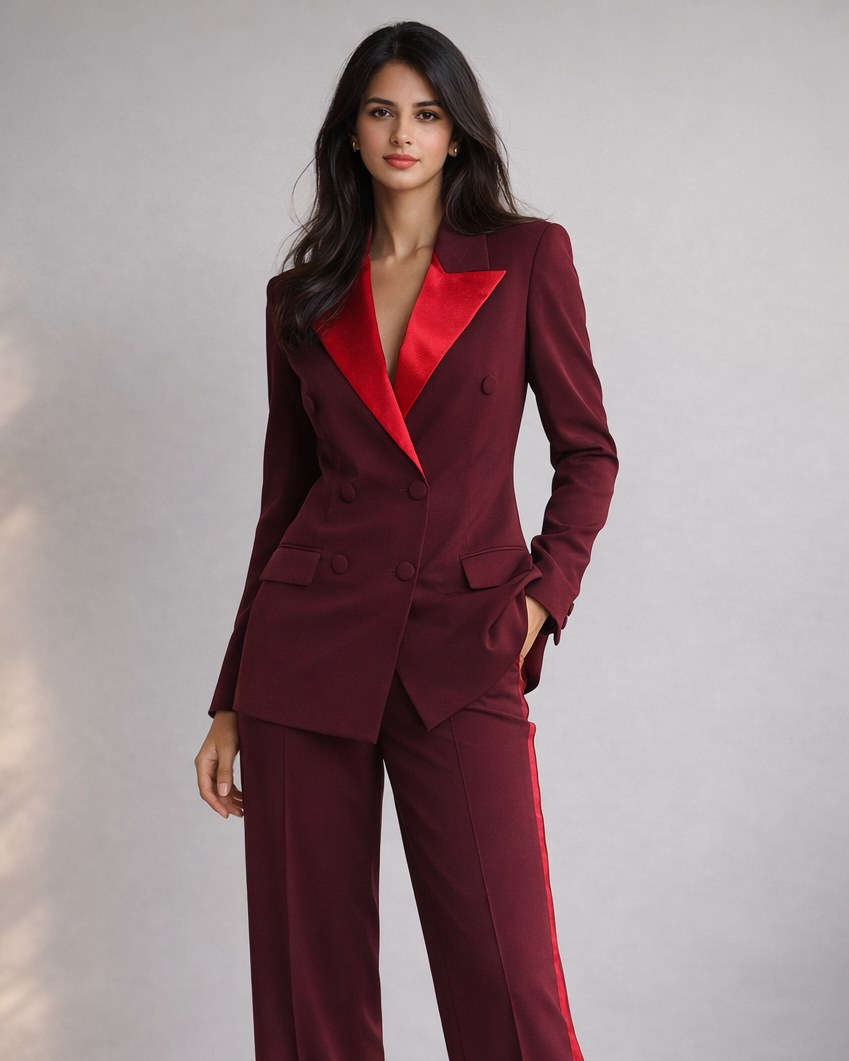 Woman wearing a burgundy suit with red lapels on a gray background
