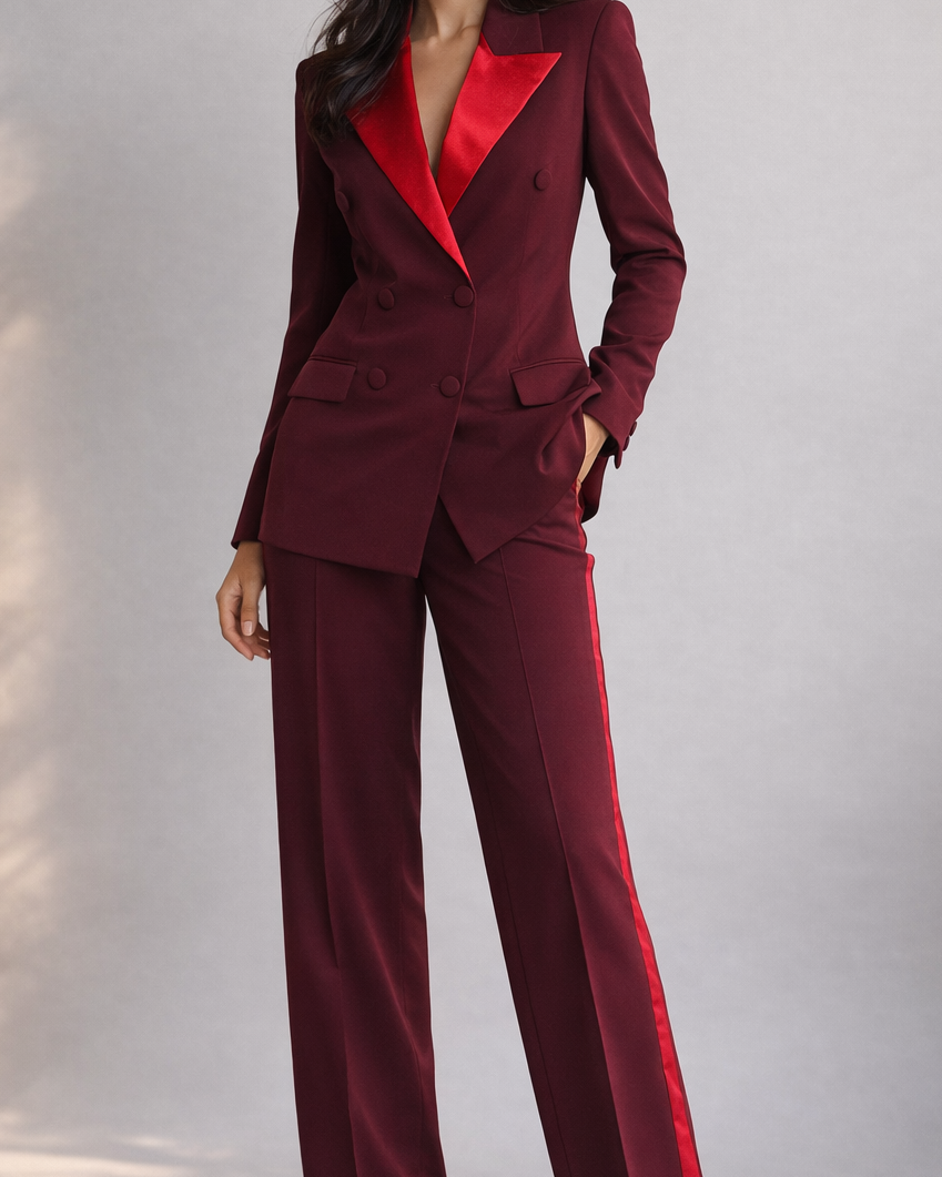Woman wearing a burgundy suit with red lapels on a gray background
