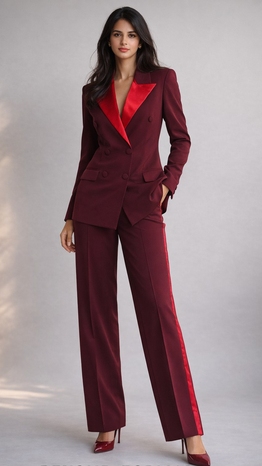 Maroon double-breasted suit set with red satin lapels and side stripe, full length | Beyond Formals