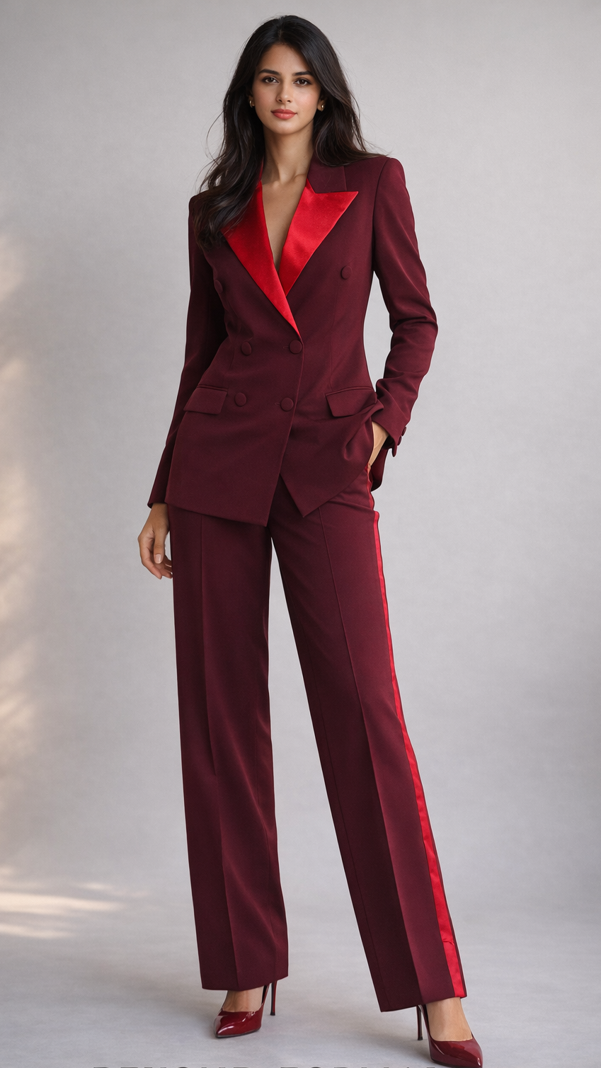 Woman wearing a burgundy suit with red lapels on a gray background
