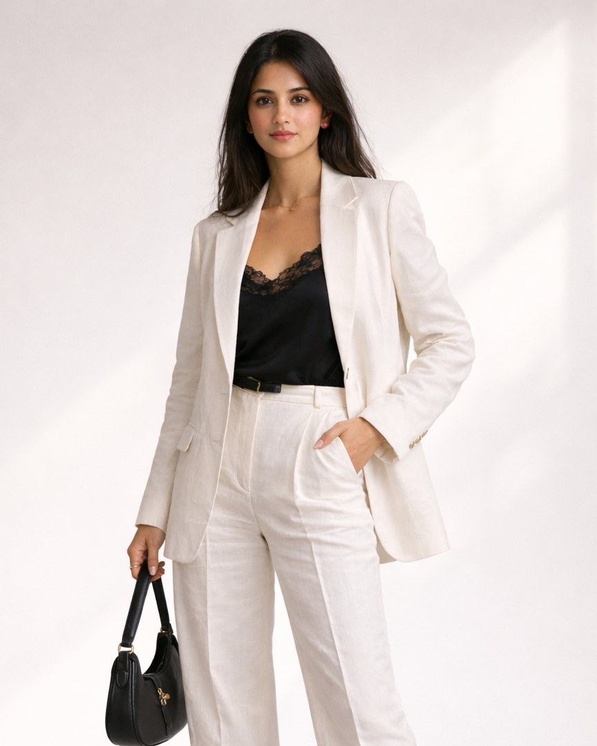 Off-white linen blazer and trouser set with black cami and belt, full front view on model | Beyond Formals