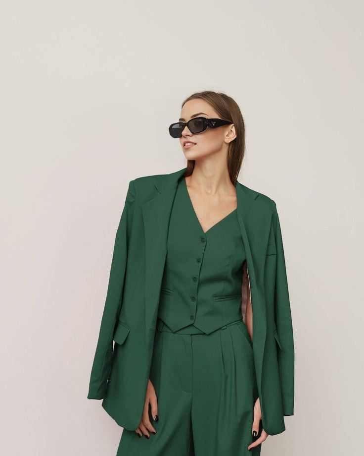 green blazer suit set with high-waisted wide-leg trousers