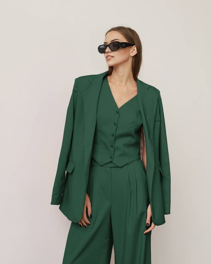 green blazer suit set with high-waisted wide-leg trousers