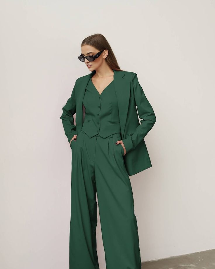 green blazer suit set with high-waisted wide-leg trousers
