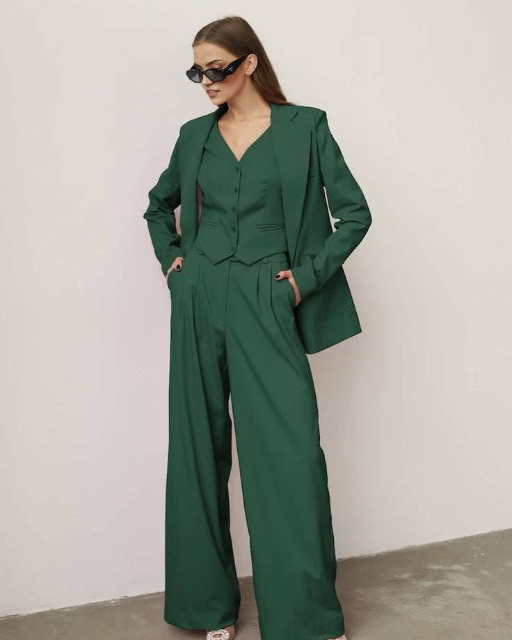 green blazer suit set with high-waisted wide-leg trousers