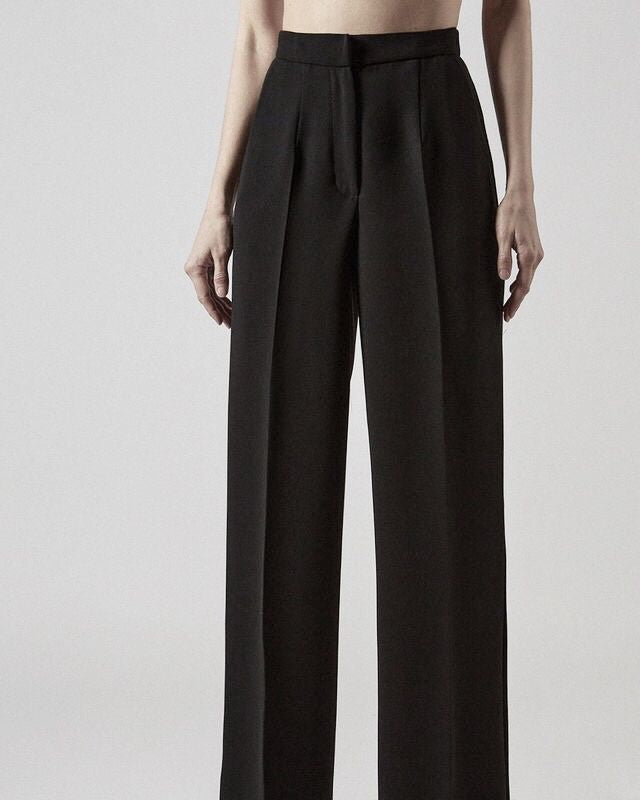 Women's black straight-leg formal pants with a high-waisted fit for office wear.