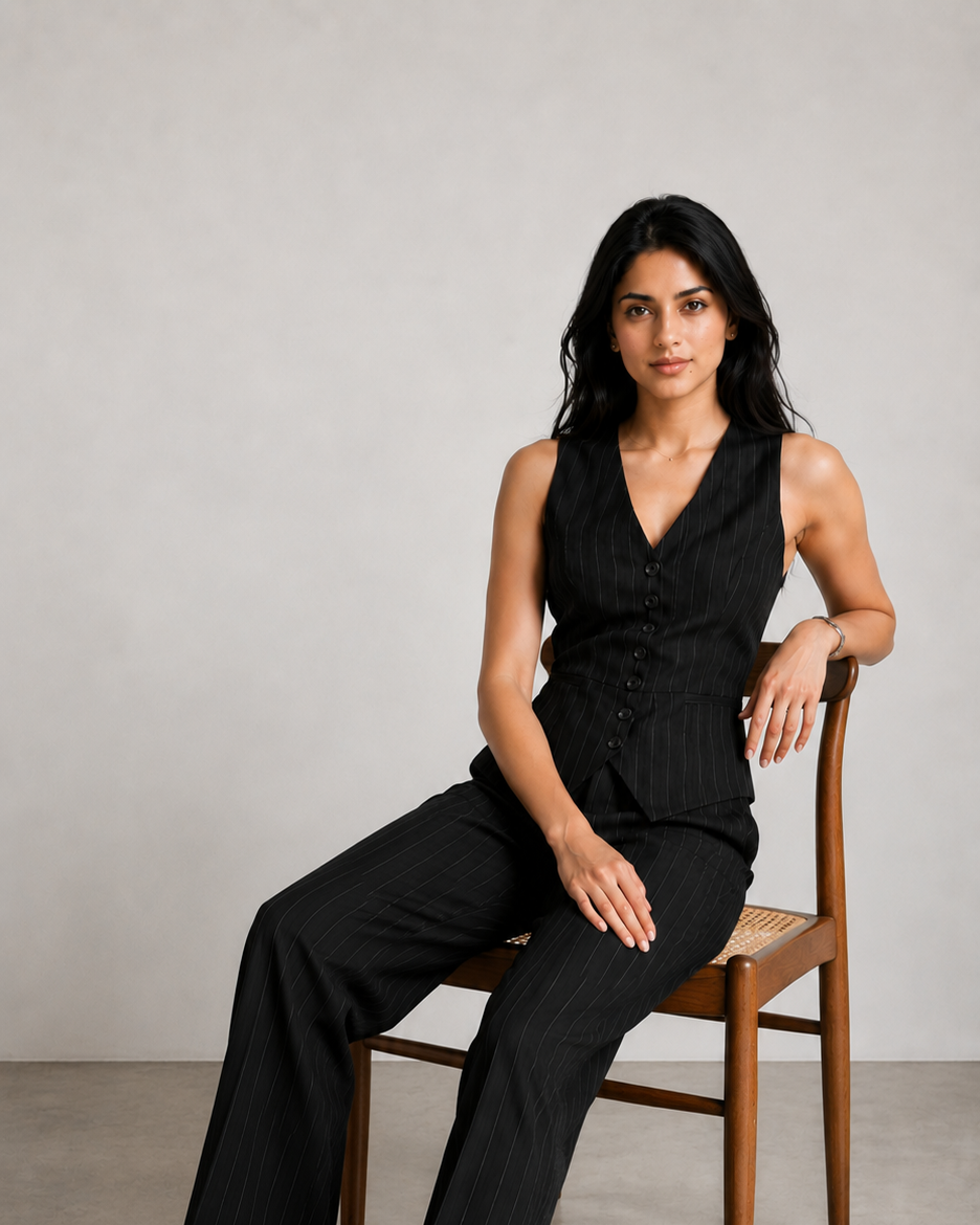 Black Pinstripe Waistcoat Co-Ord Set Beyond Formals
