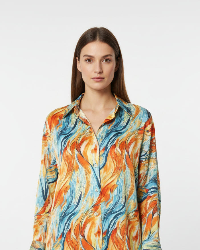 Printed silk satin shirt with long sleeves and a classic fit for evening styling.