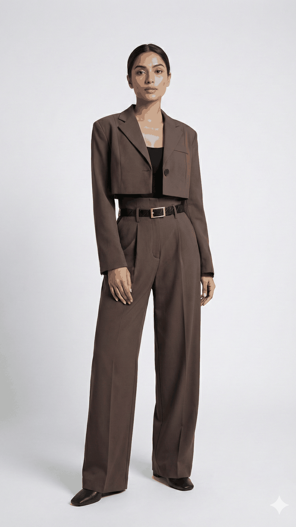 Brown cropped blazer and pleated wide-leg trouser suit set on model, full-length front view | Beyond Formals