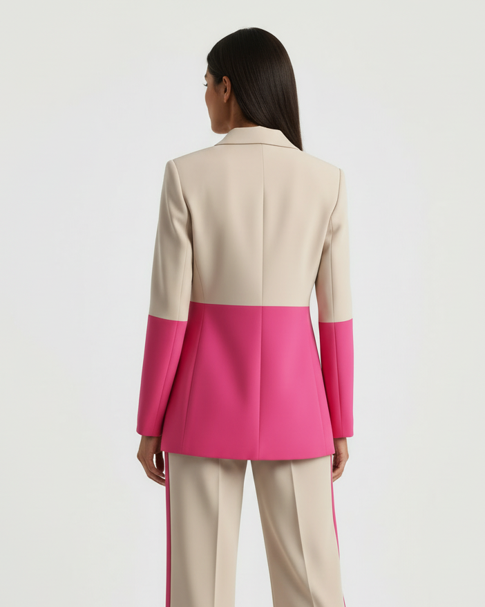 Person wearing a two-tone suit with pink and beige colors on a white background