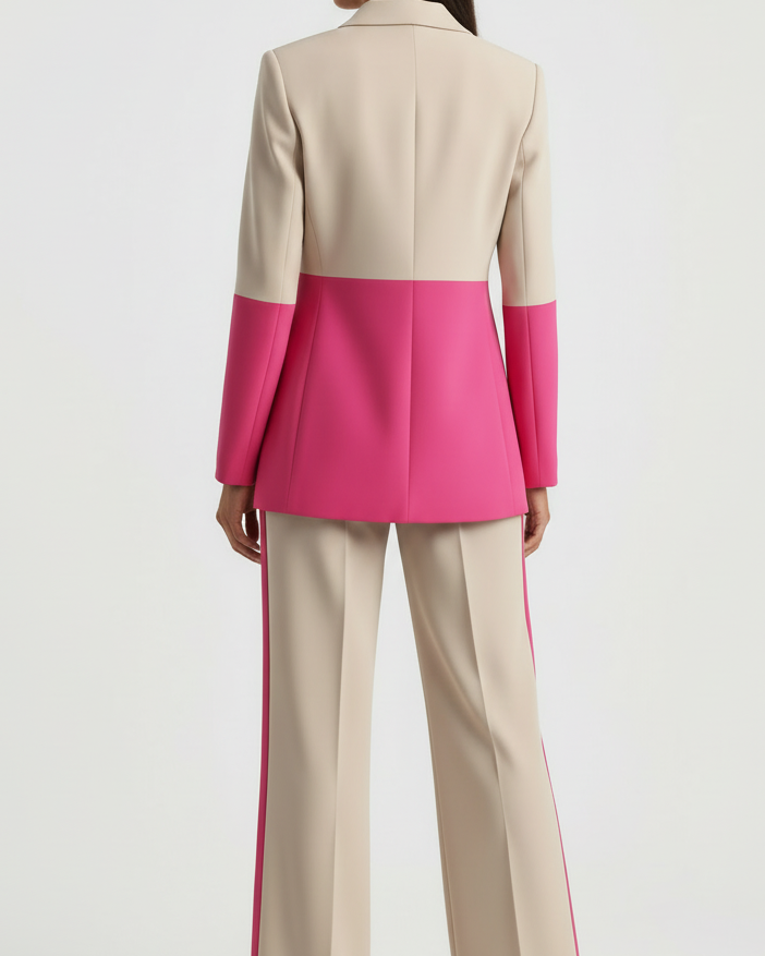 Person wearing a two-tone suit with pink and beige colors on a white background