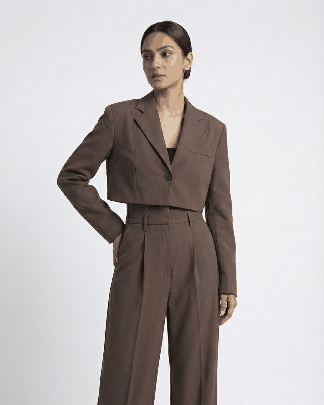 Brown cropped blazer and high-waisted wide-leg trousers on model, full-length front view | Beyond Formals