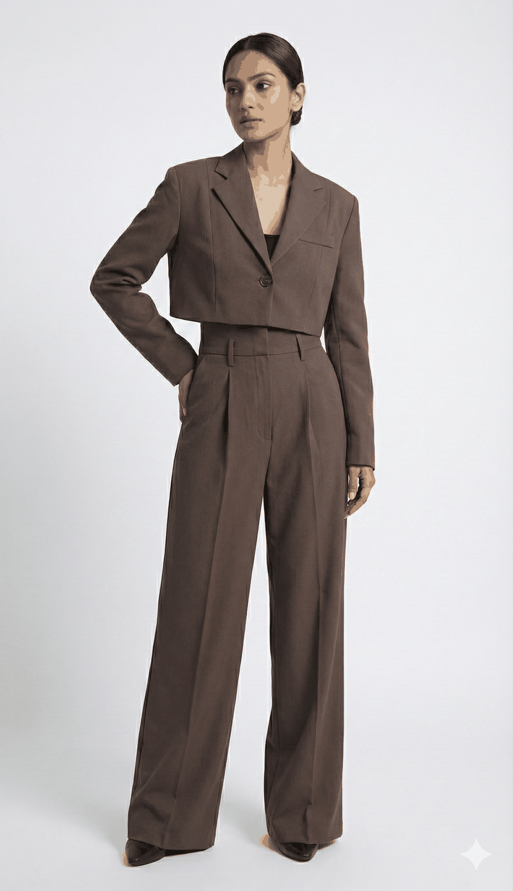 Brown cropped blazer and high-waisted wide-leg trousers on model, full-length front view | Beyond Formals