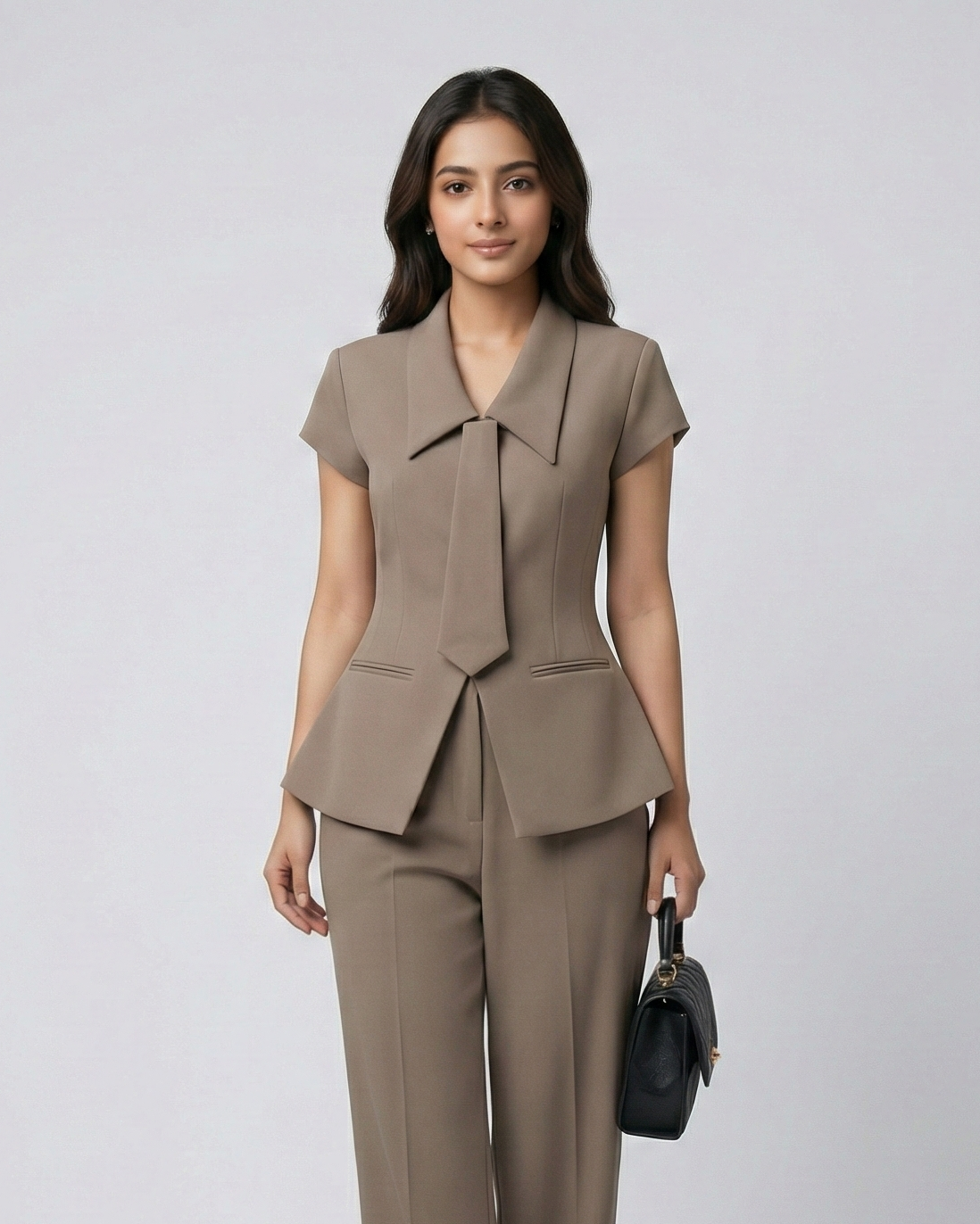 Woman wearing a beige suit on a white background