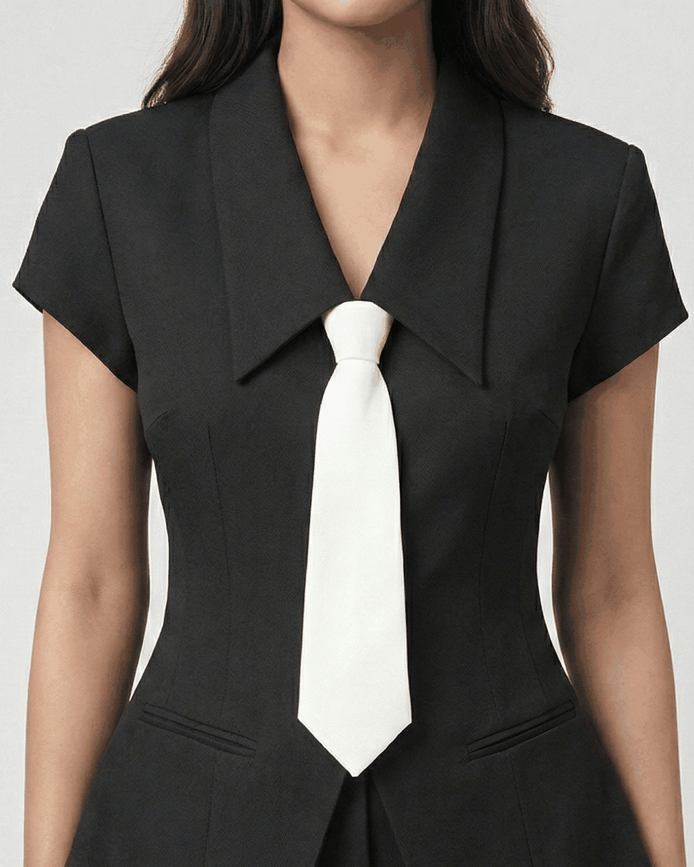 Close-up of black cap-sleeve blazer top with point collar, white tie and welt pockets | Beyond Formals