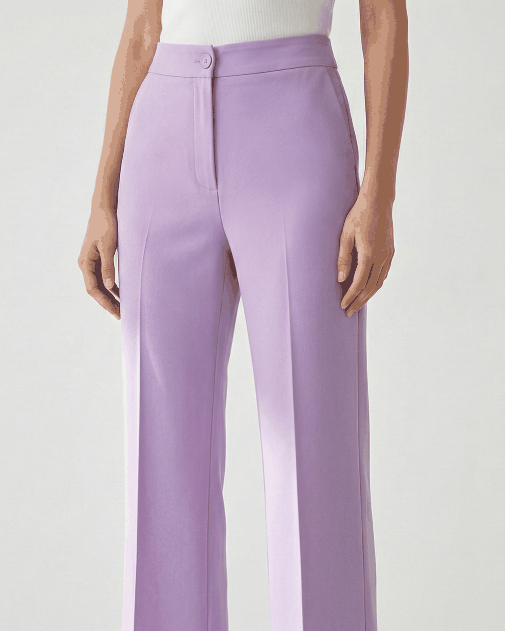 Lavender high-waisted straight trousers with front crease, front view from waist to hem | Beyond Formals