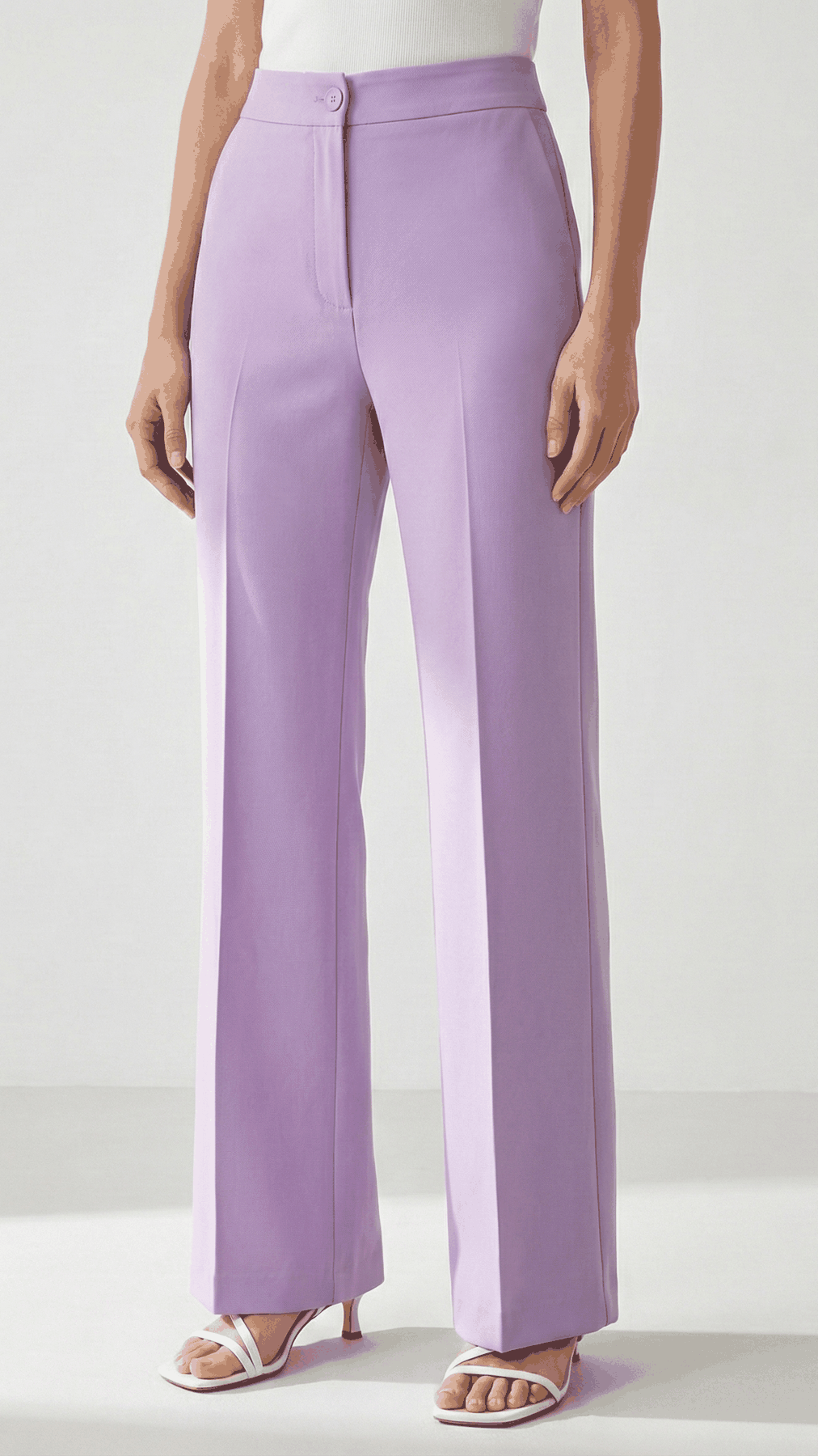 Lavender high-waisted straight trousers with front crease, front view from waist to hem | Beyond Formals