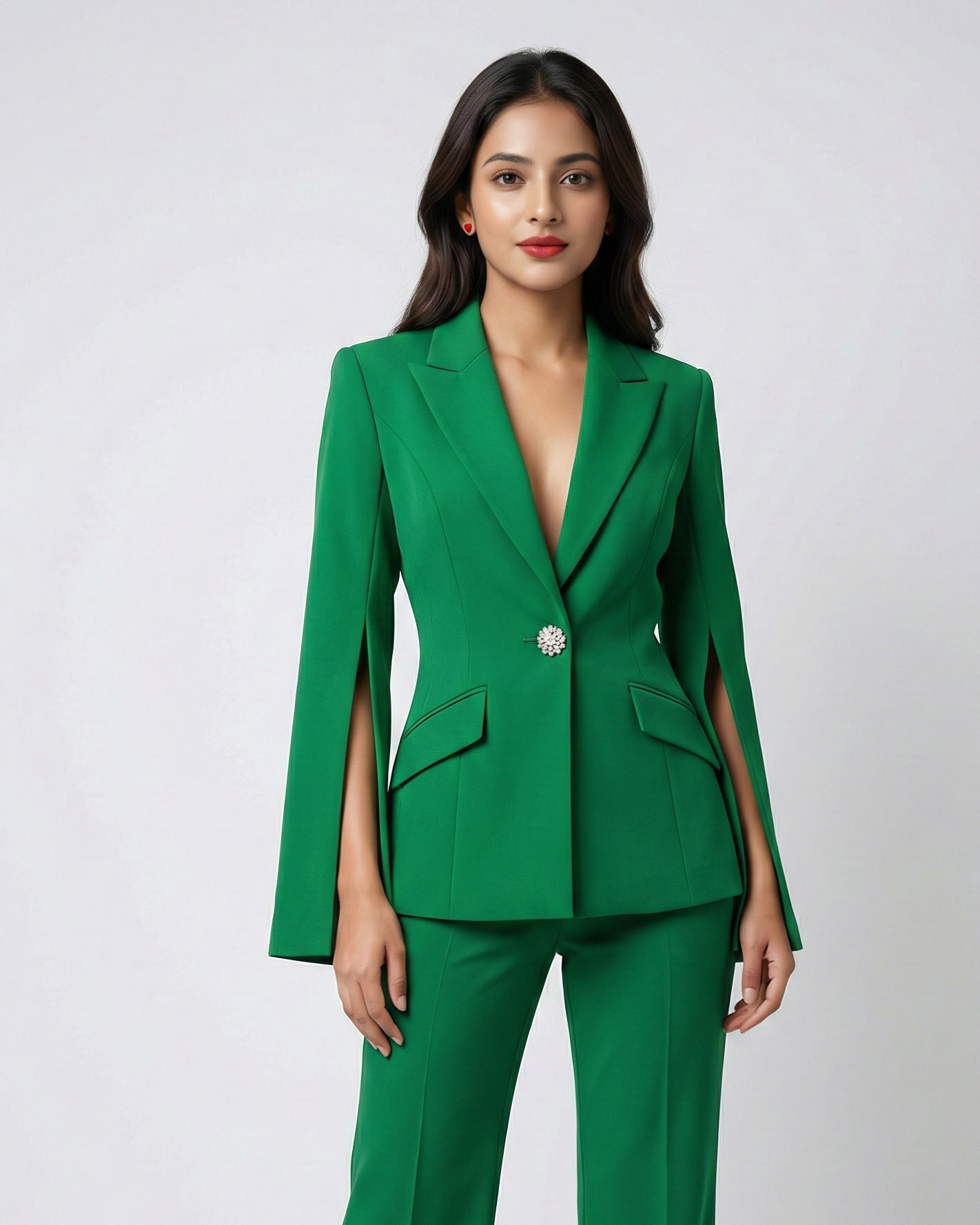 Woman wearing a green suit on a white background