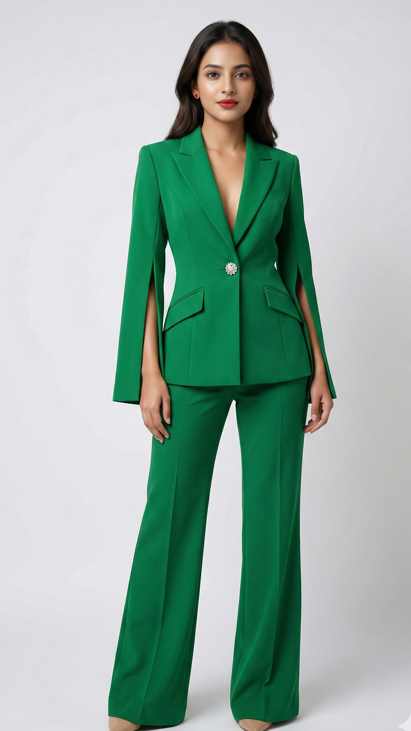 Woman wearing a green suit on a white background