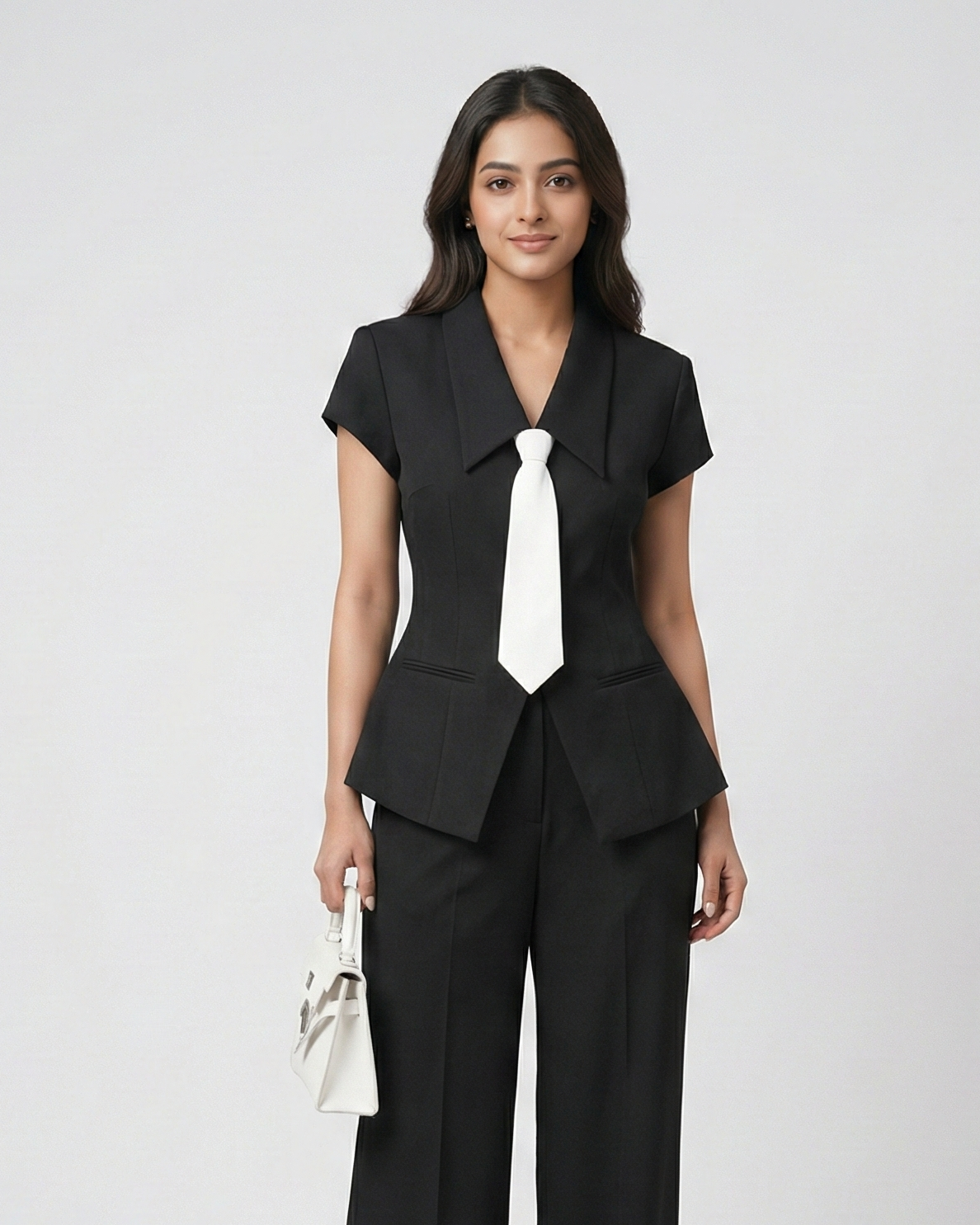 Woman wearing a black suit with a white tie on a white background