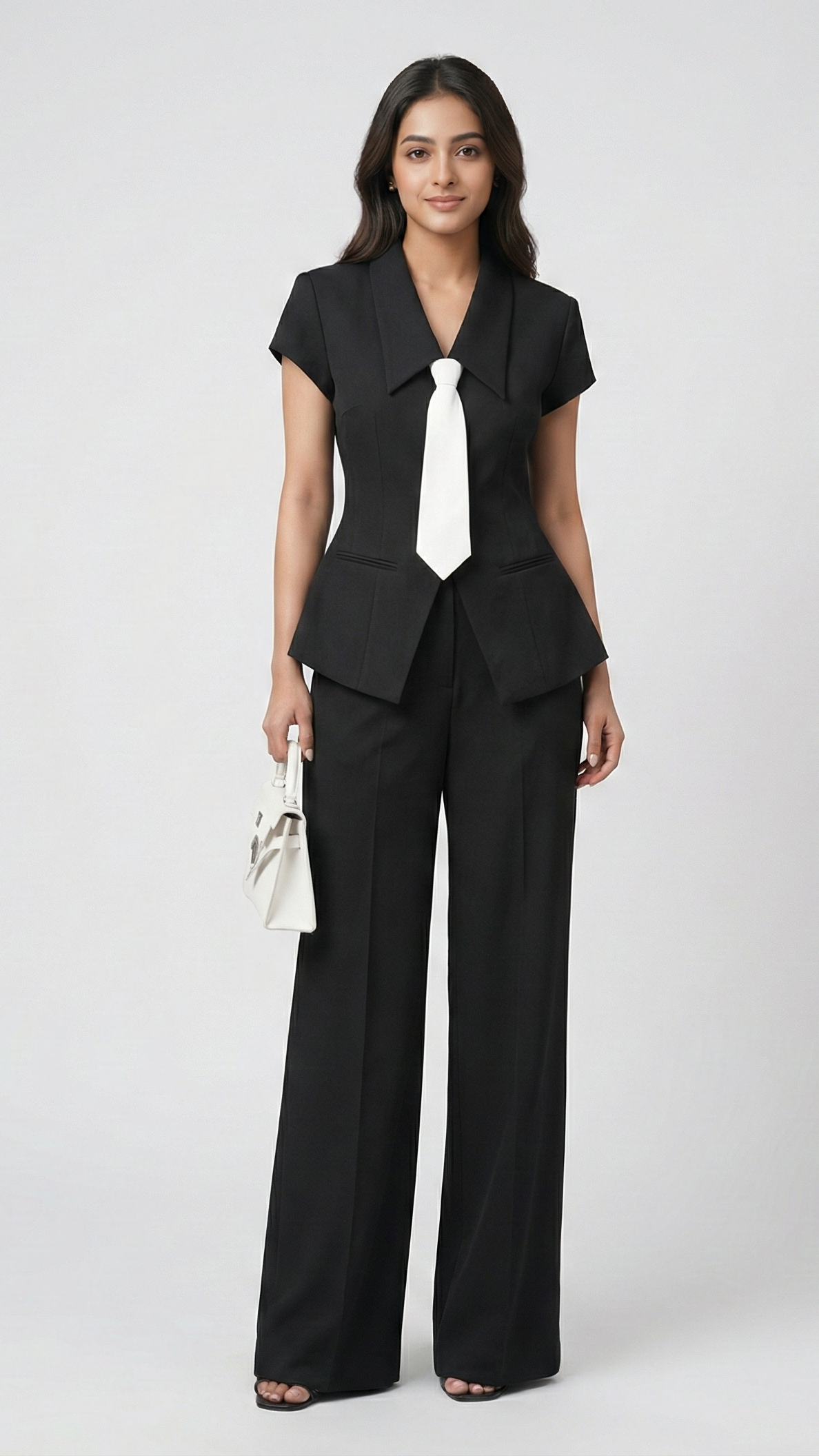Woman wearing a black suit with a white tie on a white background