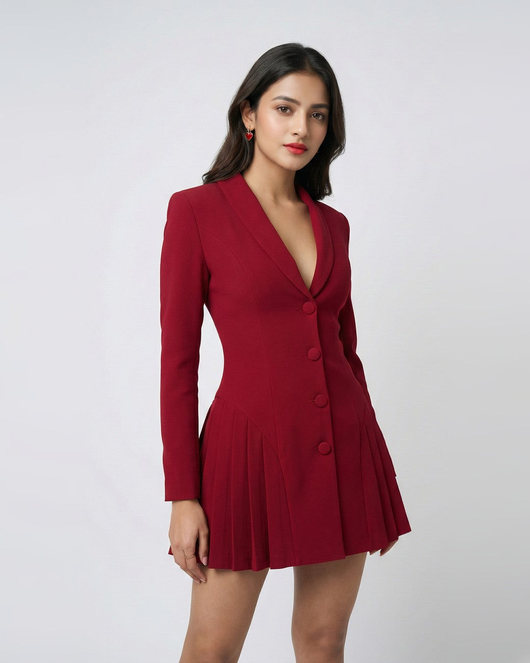 Maroon red blazer-style tailored mini dress with pleated skirt, front view | Beyond Formals