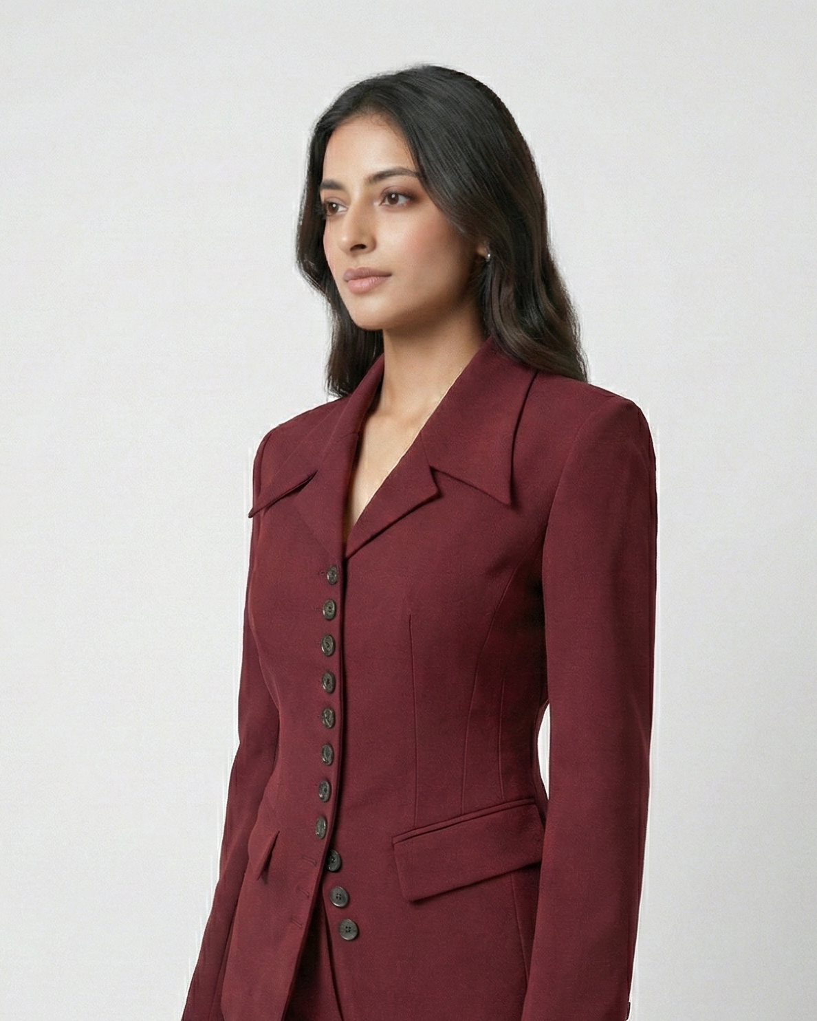 Woman wearing a burgundy suit with a black handbag on a white background