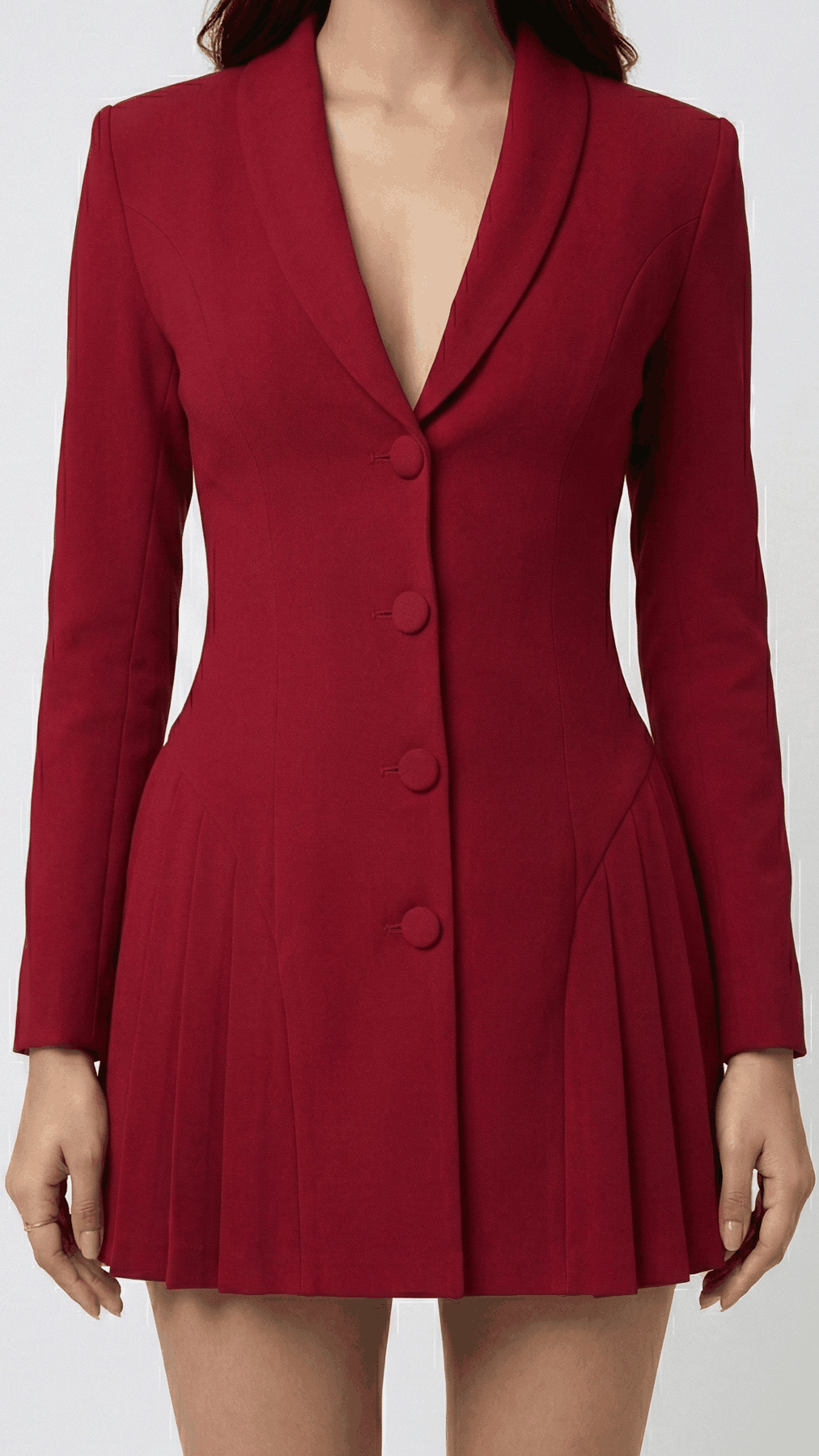 Maroon pleated tailored dress, close-up of shawl lapel, fabric buttons and hip pleats | Beyond Formals