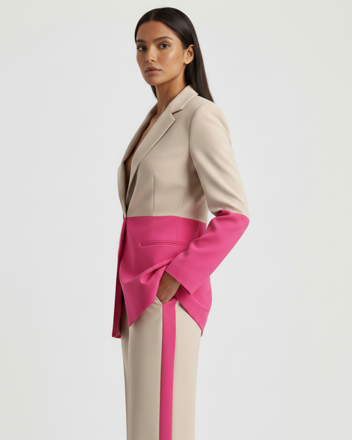Woman wearing a beige and pink outfit with a white background