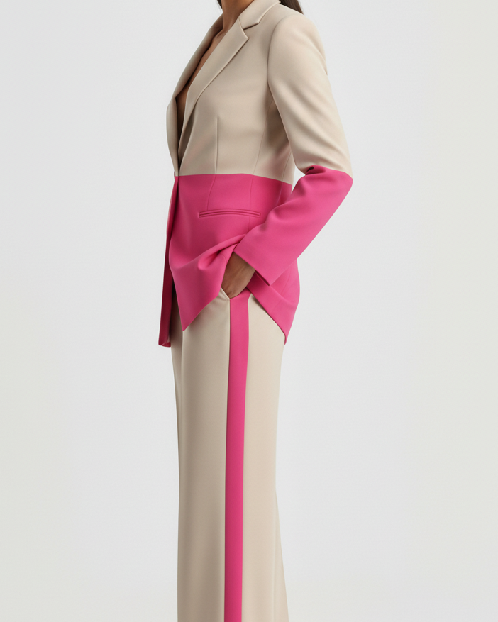 Woman wearing a beige and pink outfit with a white background