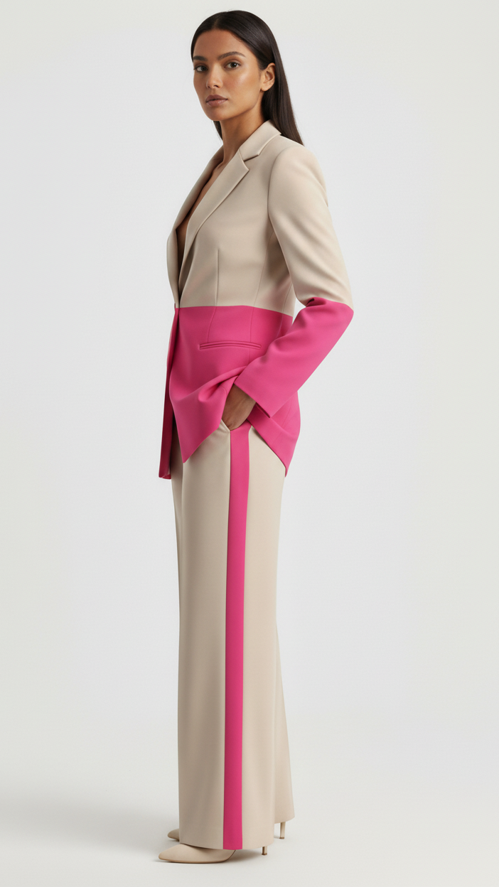 Woman wearing a beige and pink outfit with a white background