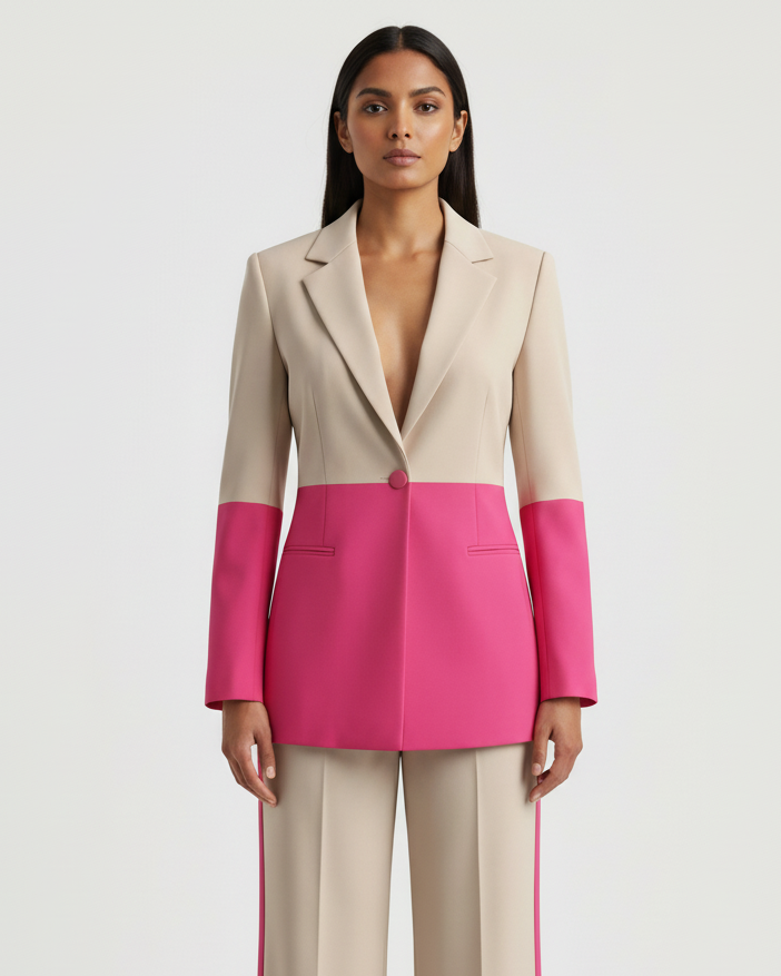 Woman wearing a two-tone suit with beige and pink colors on a white background