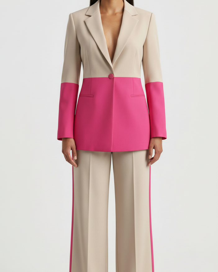 Woman wearing a two-tone suit with beige and pink colors on a white background