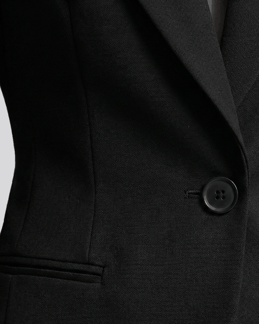 Close-up of a black suit jacket with a button on a white background