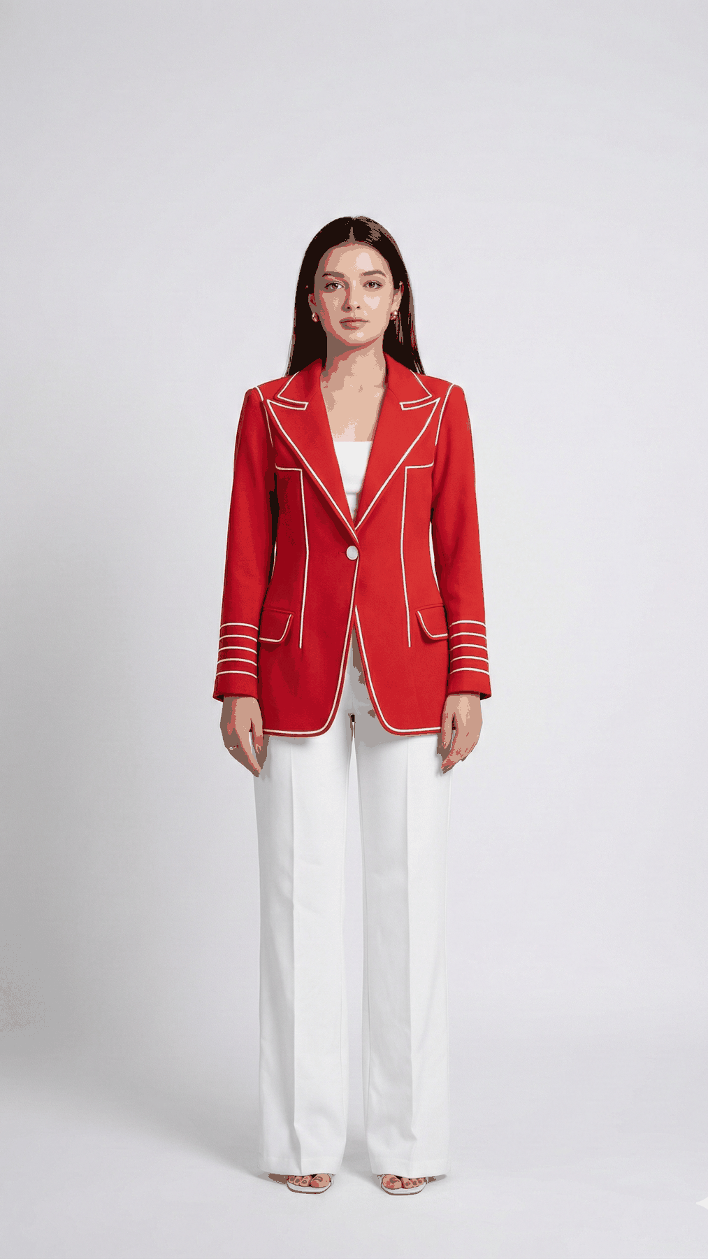 Red Signature Line blazer with white piping and striped cuffs, with white trousers, front view | Beyond Formals