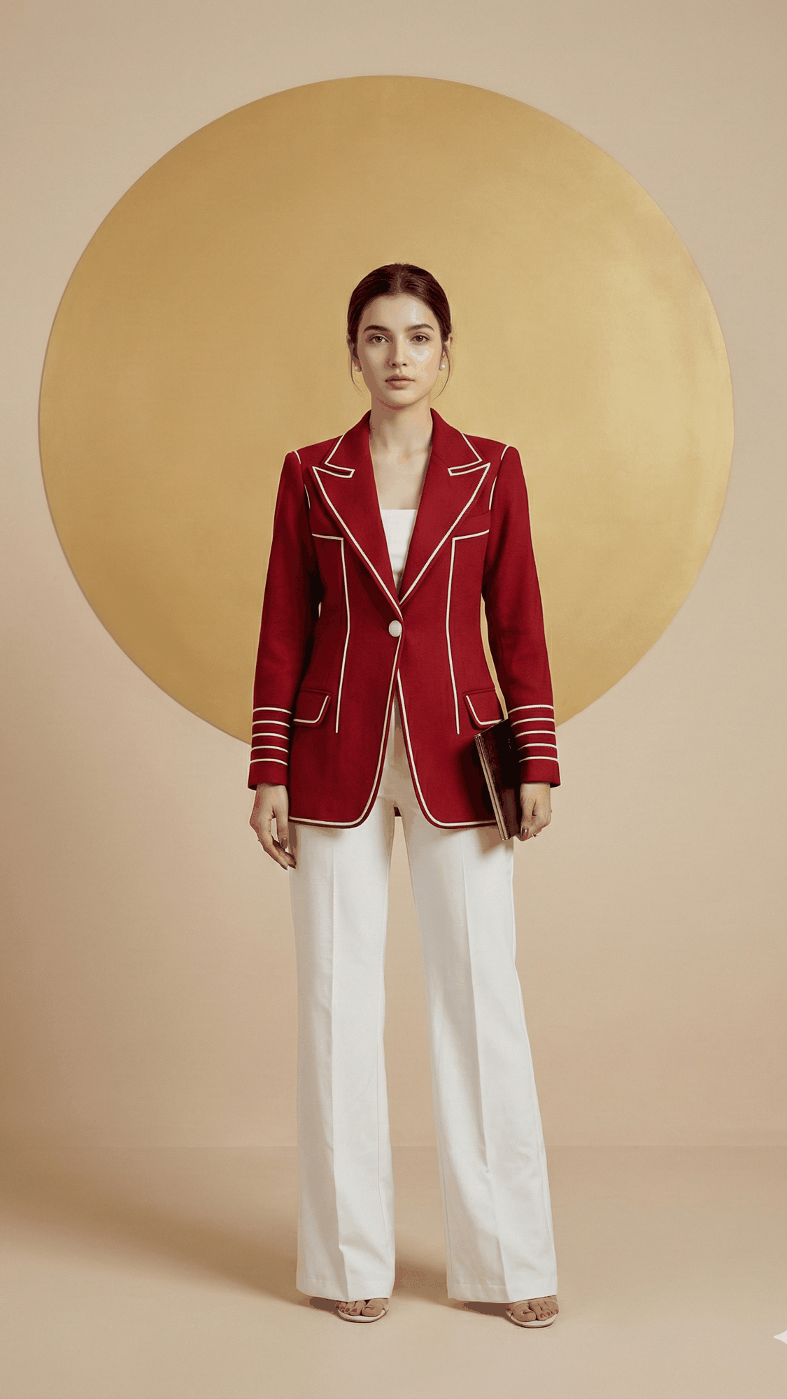 Maroon Signature Line blazer with white piping and striped cuffs, white trousers, gold backdrop | Beyond Formals