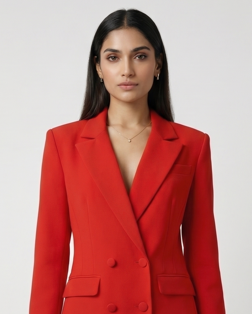 Woman wearing a red suit against a white background