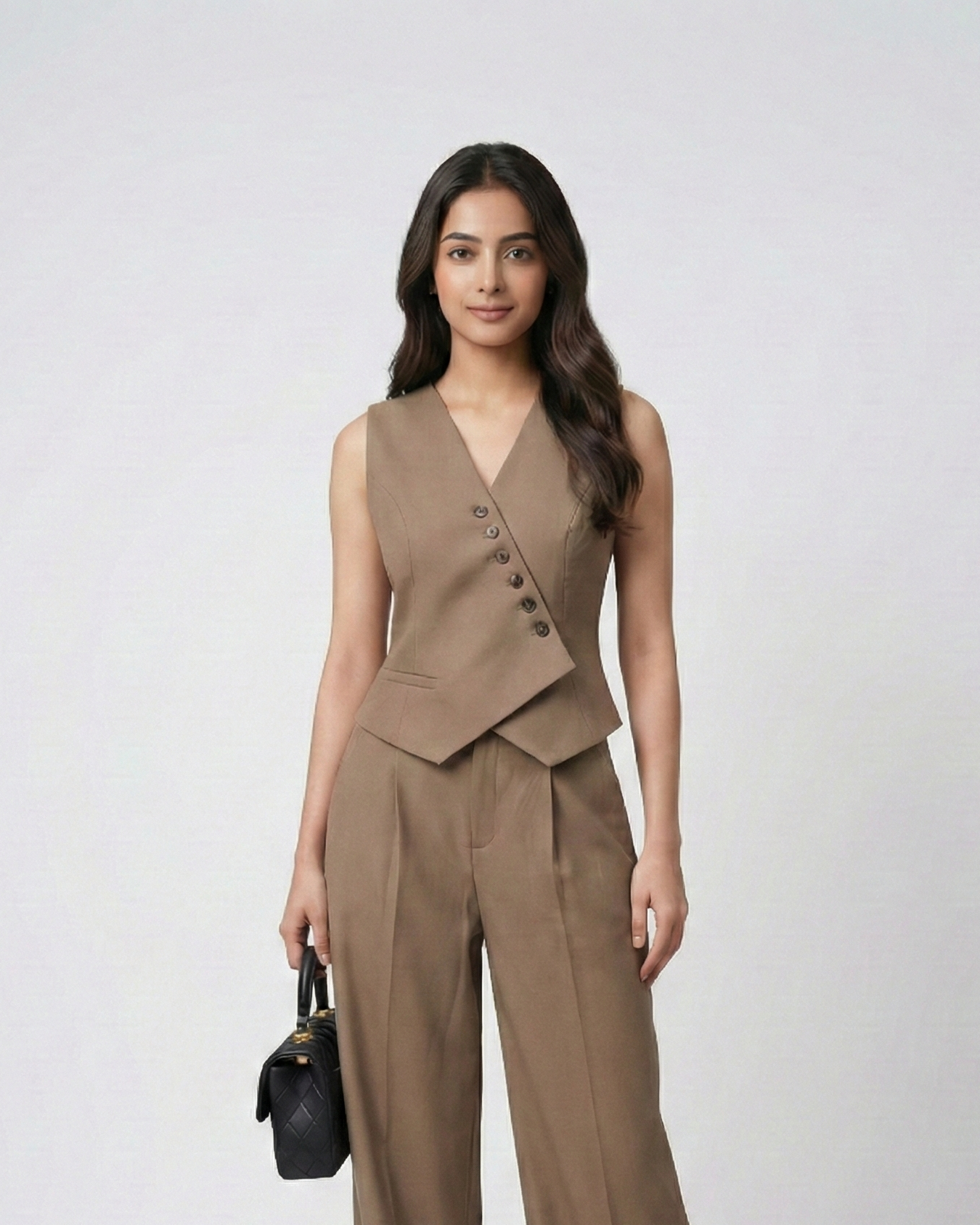 Woman wearing a brown vest and pants set with a black handbag on a white background