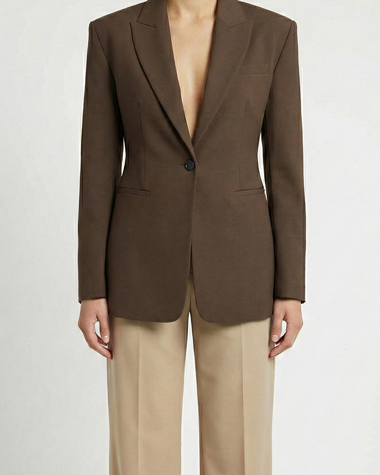 Brown blazer and beige pants on a white background