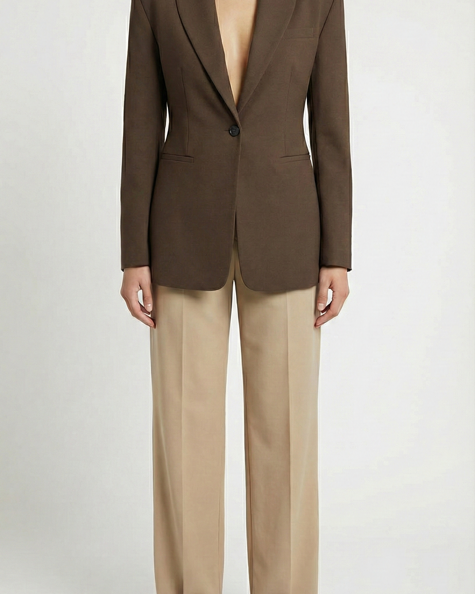 Brown blazer and beige pants on a white background