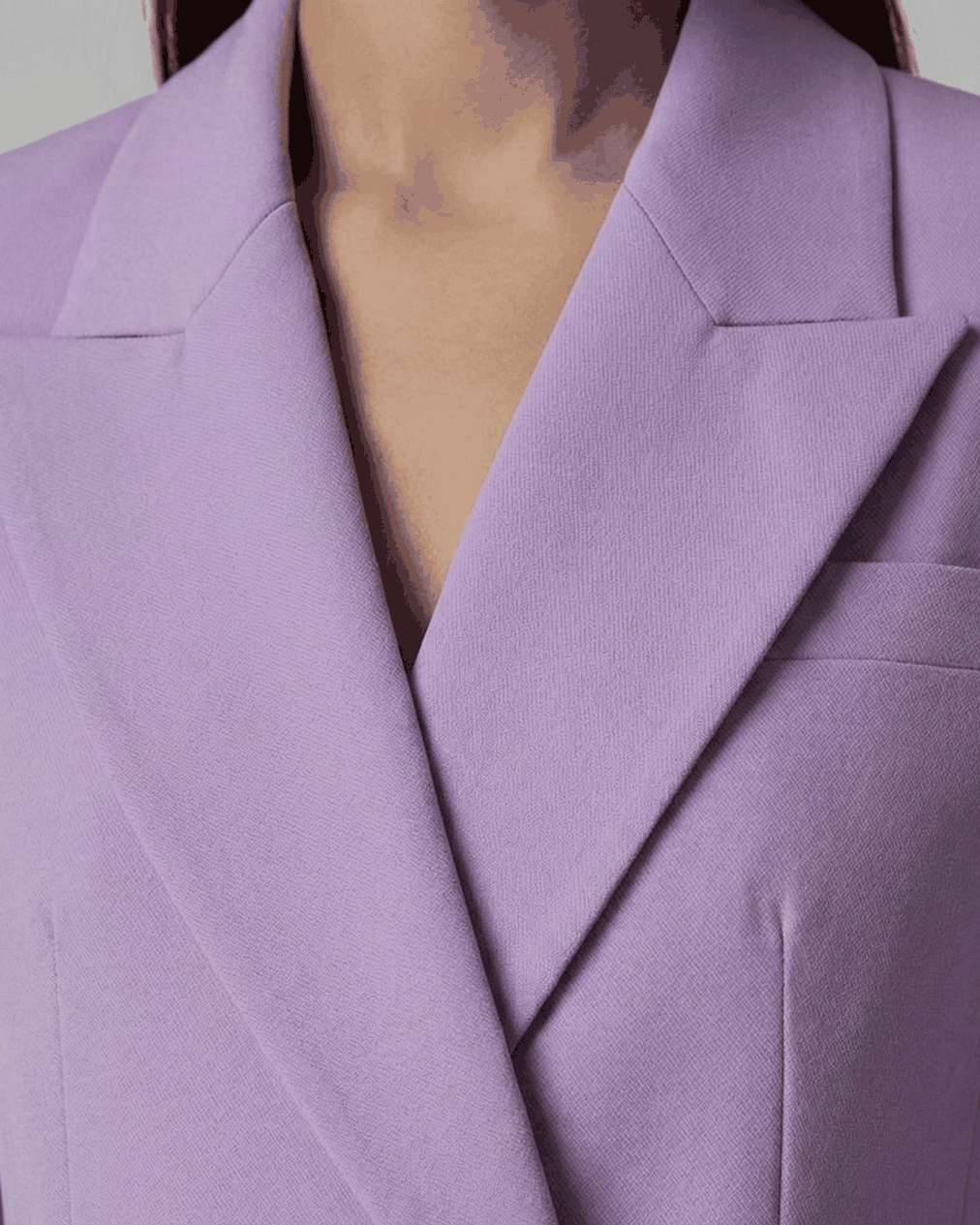 Lavender double-breasted blazer, close-up of peak lapel, chest pocket and covered buttons | Beyond Formals