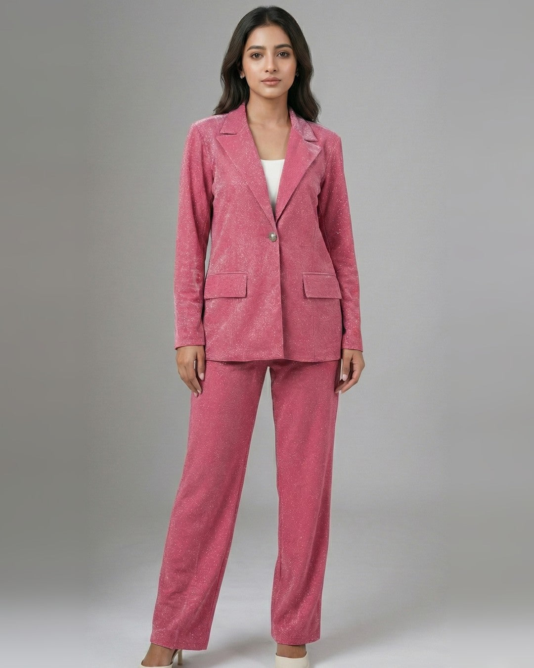 Pink shimmer brocade blazer and trouser set on model, full front view | Beyond Formals